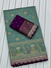 Sea Green Banarasi Silk Saree with Purple Contrast Blouse & Zari Weaving