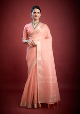 Luxury Peach Blush Saree with Intricate Zari Work