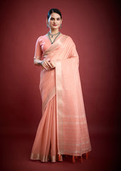 Luxury Peach Blush Saree with Intricate Zari Work