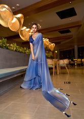 Ocean Blue Fendy Satin Saree – Designer Digital Print with Ombre Fade