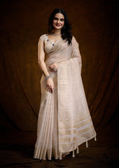 Ivory Gold Linen Silk Saree with Bold Line Weaving