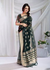 Midnight Green Silk Saree with Detailed Zari Weave