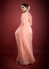 Luxury Peach Blush Saree with Intricate Zari Work