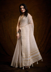 Ivory Gold Linen Silk Saree with Bold Line Weaving