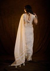 Ivory Gold Linen Silk Saree with Bold Line Weaving