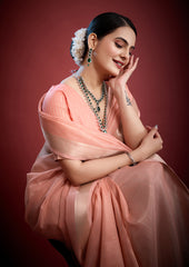 Luxury Peach Blush Saree with Intricate Zari Work