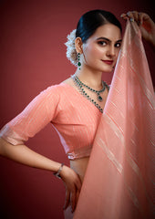 Luxury Peach Blush Saree with Intricate Zari Work