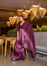 Lavender to Burgundy Ombre Fendy Satin Saree | Designer Digital Print