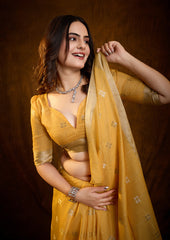 Bright Marigold Yellow Linen Cotton Silk Saree