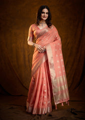 Peach Pink Linen Cotton Silk Saree with Silver Accents
