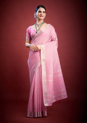 Luxury Blush Petal Organza Saree with Zari Weave