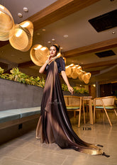 Glam Brown-Gold Ombre Saree in Fendy Satin – Luxe Digital Print