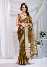 Luxurious Olive Grace Zari Silk Saree With Detailed Zari Weave