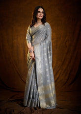 Moonlit Silver Linen Cotton Silk Saree with Zari Border Weaving