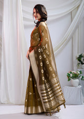 Luxurious Olive Grace Zari Silk Saree With Detailed Zari Weave