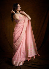 Blush Pink Linen Silk Saree with Bold Line Weaving