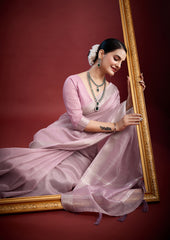 Soft & Elegant Festive Wear Organza Pink Saree with Zari Work