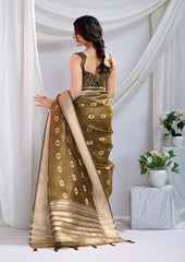 Luxurious Olive Grace Zari Silk Saree With Detailed Zari Weave