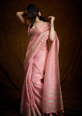 Blush Pink Linen Silk Saree with Bold Line Weaving