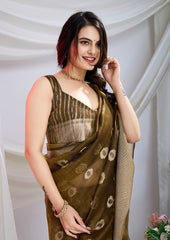 Luxurious Olive Grace Zari Silk Saree With Detailed Zari Weave