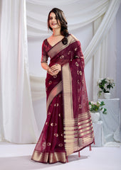 Wine Whisper – Maroon Silk Zari Saree With Detailed Zari Weave