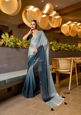 Teal and Aqua Gradient Fendy Satin Saree with Digital Print
