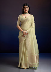 Pastel Green Saree in Linen Silk with Beautiful Fabric Weaving
