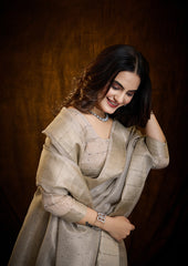 Silver Linen Silk Saree with Bold Line Weaving