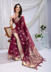 Wine Whisper – Maroon Silk Zari Saree With Detailed Zari Weave