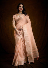 Peach Blossom Linen Silk Saree with Bold Line Weaving