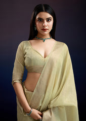 Pastel Green Saree in Linen Silk with Beautiful Fabric Weaving