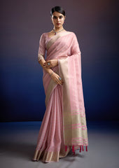 Blush Pink Gulrangi Linen Silk Saree – Classic Woven Silk Design