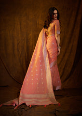 Peach Pink Linen Cotton Silk Saree with Silver Accents