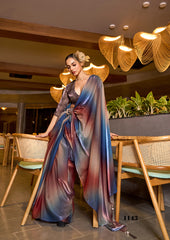 Vibrant Fendy Satin Saree in Blue, Red & Peach Ombre – Digital Print Elegance