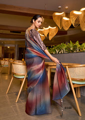 Vibrant Fendy Satin Saree in Blue, Red & Peach Ombre – Digital Print Elegance
