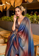 Vibrant Fendy Satin Saree in Blue, Red & Peach Ombre – Digital Print Elegance