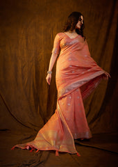 Peach Pink Linen Cotton Silk Saree with Silver Accents