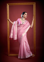 Luxury Blush Petal Organza Saree with Zari Weave