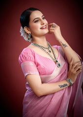 Luxury Blush Petal Organza Saree with Zari Weave