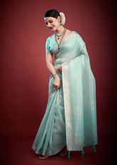 Mint Whisper Organza Saree with Intricate Zari Weave