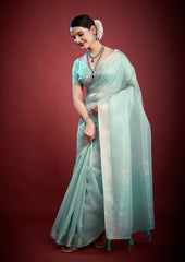Mint Whisper Organza Saree with Intricate Zari Weave