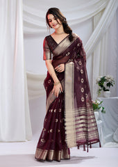 Wine Royale Zari Silk Saree with Stunning Zari Borders – Perfect for Festive Wear