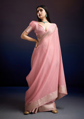 Luxury Blush Pink Saree in Linen Cotton Silk with Beautiful Weaving