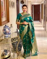 KASTURI TRENDZ Elegant Green Silk Saree with Golden Floral Border