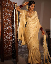 KP CREATION Elegant Cream Silk Saree with Intricate Gold Prints and Traditional Styling