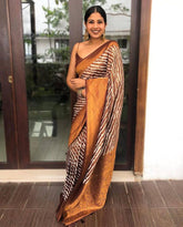 KP CREATION Elegant Brown and Beige Silk Saree with Stripes and Traditional Prints
