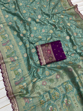 Sea Green Banarasi Silk Saree with Purple Contrast Blouse & Zari Weaving
