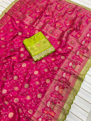 Banarasi Silk Saree in Rani Pink with Green Blouse & Golden Zari Weaving