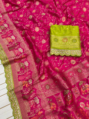Banarasi Silk Saree in Rani Pink with Green Blouse & Golden Zari Weaving