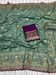 Sea Green Banarasi Silk Saree with Purple Contrast Blouse & Zari Weaving